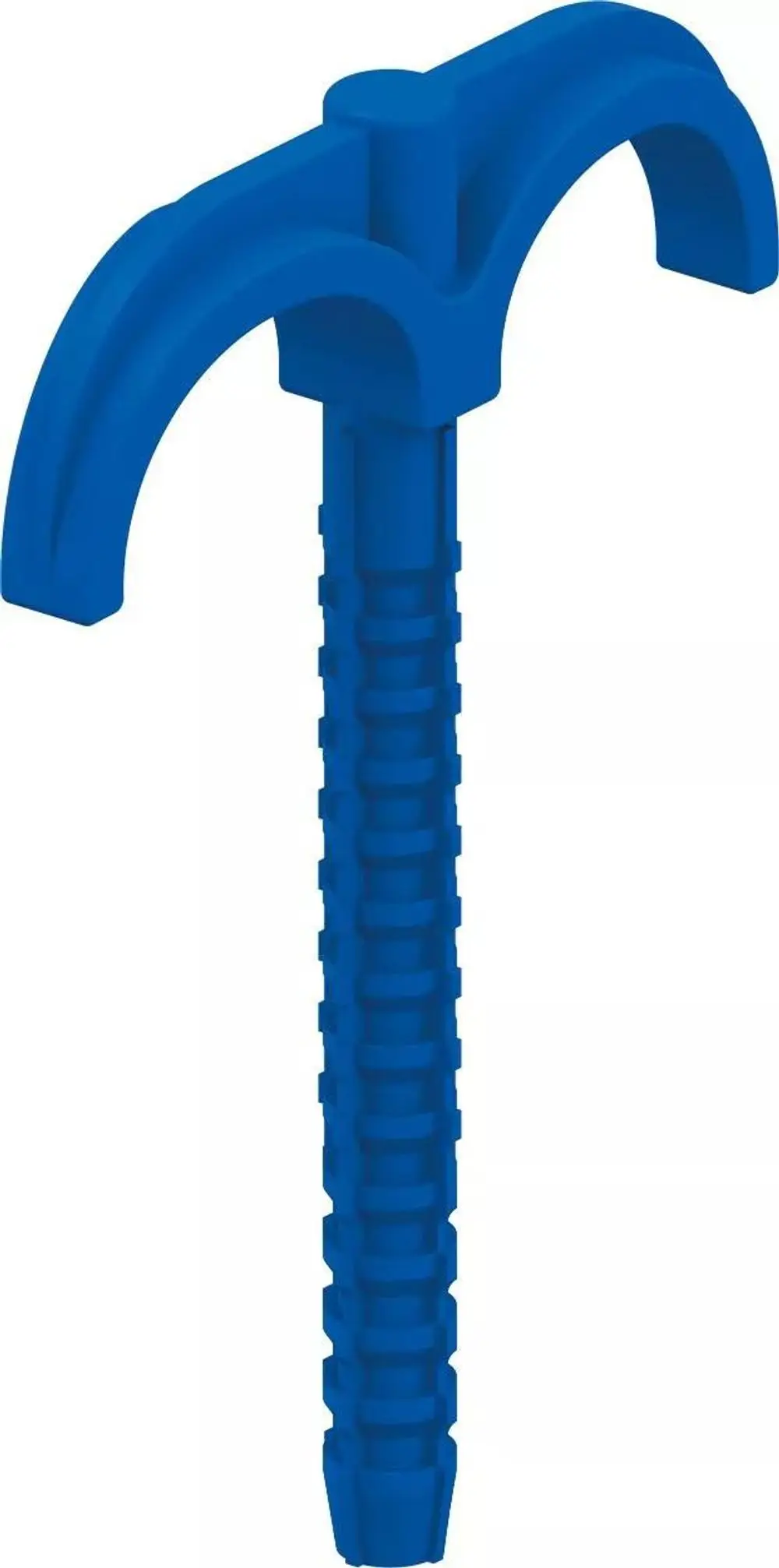 Blauer Teck Dübelhaken mit gebogener oberer Kante und gewelltem Schaft. Produkt von Uponor für die Befestigung in Konstruktionen.